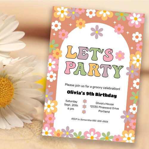 Groovy Flowers Girls Hippie Birthday Party Invitation