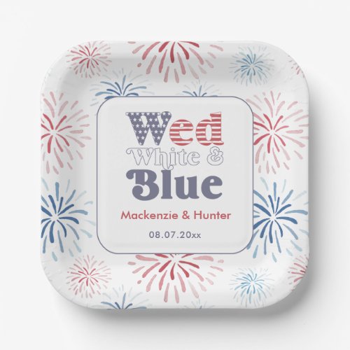 Groovy Font Wed White Blue Backyard Wedding Shower Paper Plates