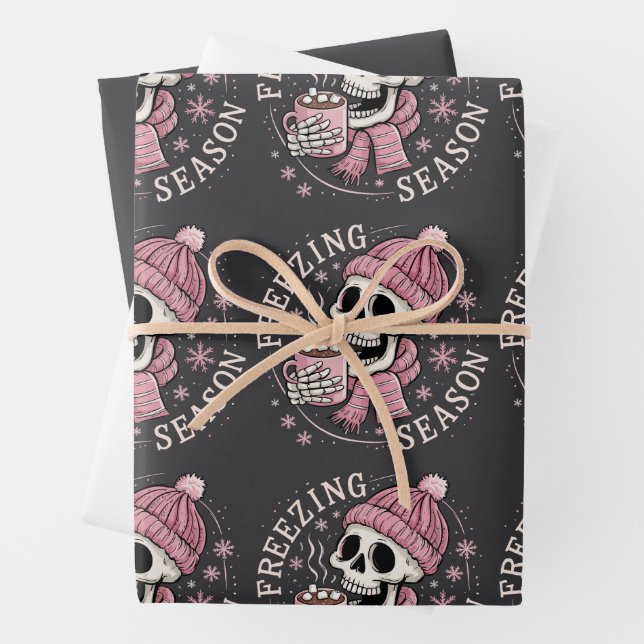 Groovy Freezin' Season Skeleton Winter Season Xmas Wrapping Paper Sheets (In situ)