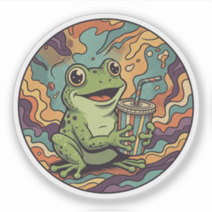 Groovy Frog Drinking Soda - Retro Psychedelic Art Sticker
