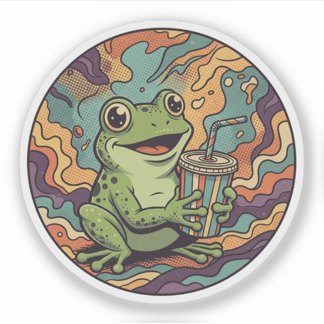 Groovy Frog Drinking Soda - Retro Psychedelic Art Sticker (Front)