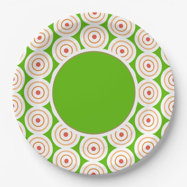 Groovy Fun Bright Green Tiled Art Center Circle Paper Plates (Front)
