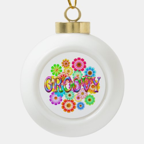 GROOVY Fun Flowers Ceramic Ball Christmas Ornament