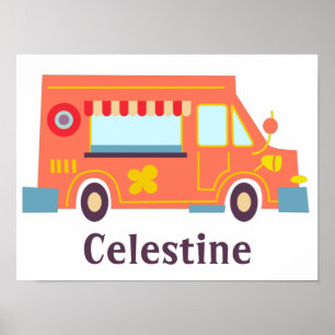 Groovy fun orange red food truck flowers poster