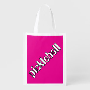Groovy Fun White PICKLEBALL On Bright Hot Pink Grocery Bag