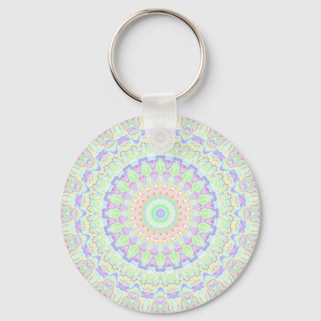 Groovy Funky Boho Hippie Rainbow Abstract Mandala Keychain (Front)