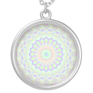 Groovy Funky Boho Hippie Rainbow Abstract Mandala Silver Plated Necklace