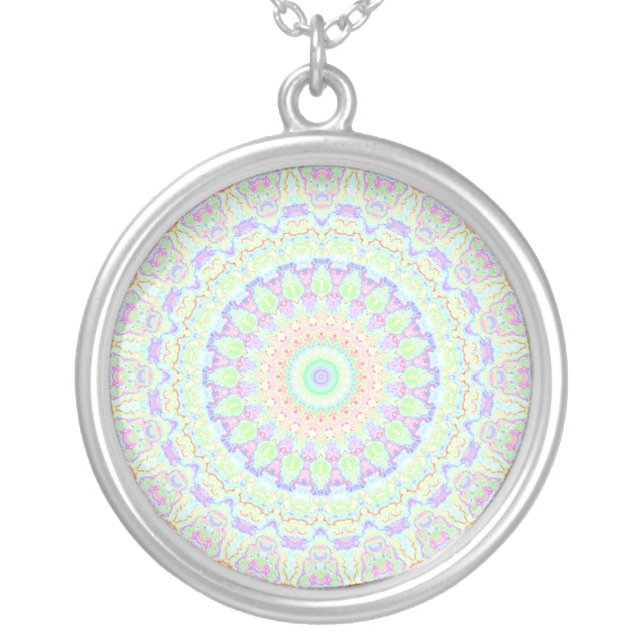 Groovy Funky Boho Hippie Rainbow Abstract Mandala Silver Plated Necklace (Front)