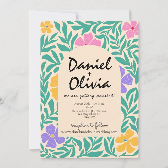 Groovy Funky Floral with QR Photo Wedding Invitation (Front)