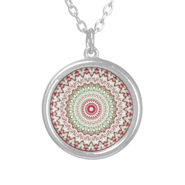 Groovy Funky Tie Dye Christmas Boho Hippie Mandala Silver Plated Necklace (Front)