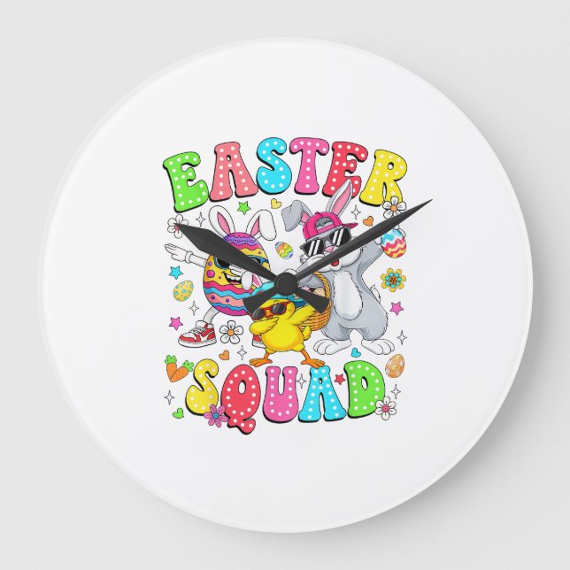 Groovy Funny Rabbit Egg Chick Easter Squad Day Men Large Clock (Front)