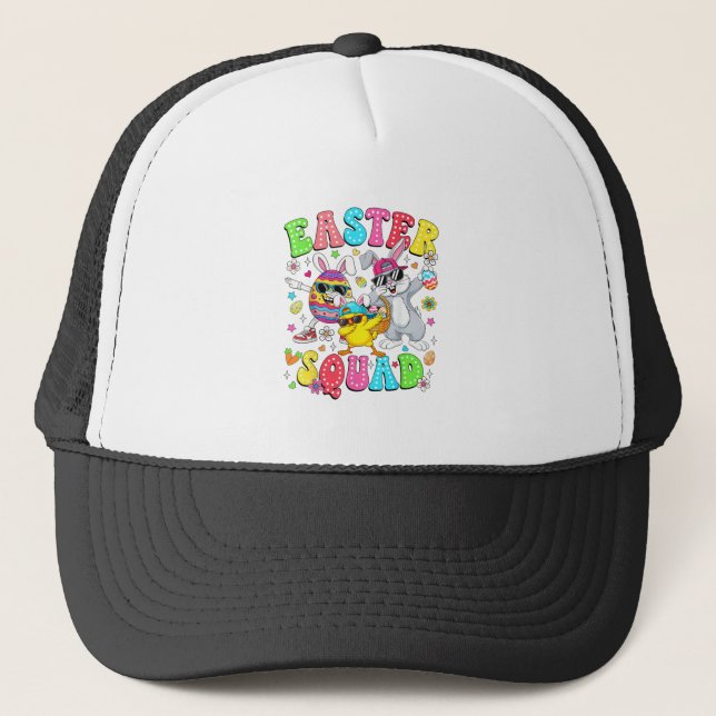 Groovy Funny Rabbit Egg Chick Easter Squad Day Men Trucker Hat (Front)