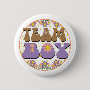 Groovy Gender Reveal Team Boy Blue, Retro Flower Button