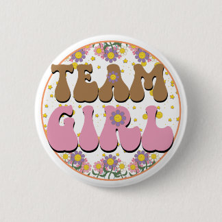 Groovy Gender Reveal Team Girl Pink, Retro Flower Button