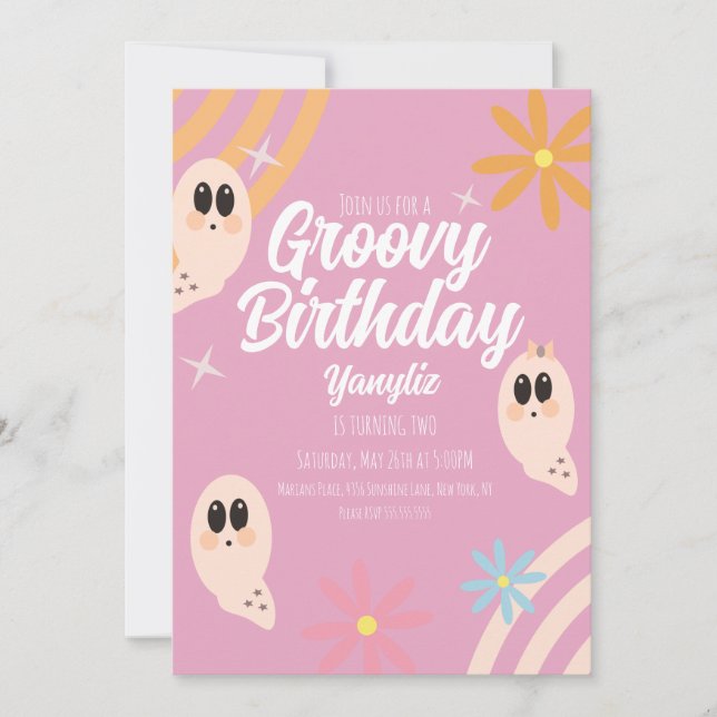 Groovy Ghost Floral Retro Halloween Party Pink Invitation (Front)