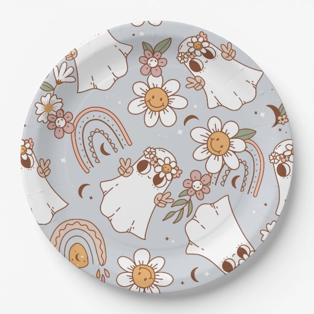 Groovy Ghost Halloween Paper Plates (Front)