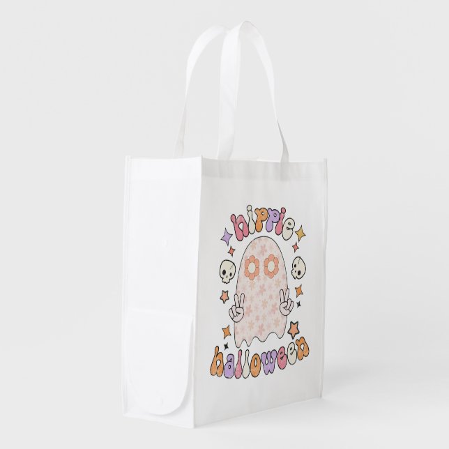 Groovy Ghost Hippie Halloween Reusable Grocery Bag (Front Side)