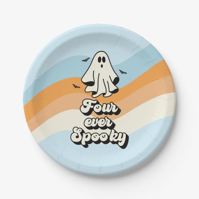 groovy Ghost retro Halloween Four Ever Spooky Paper Plates (Front)