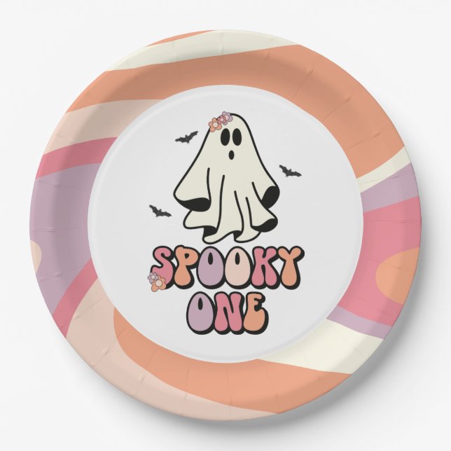 groovy Ghost retro Halloween Spooky One Birthday Paper Plates (Front)