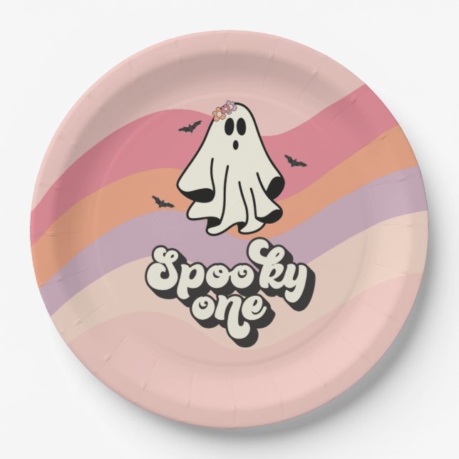 groovy Ghost retro Halloween Spooky One Birthday Paper Plates (Front)