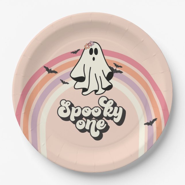 groovy Ghost retro Halloween Spooky One Birthday Paper Plates (Front)