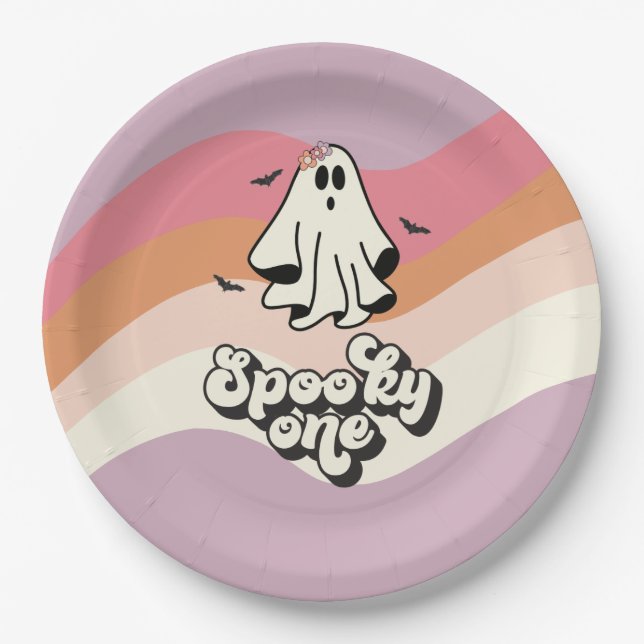 groovy Ghost retro Halloween Spooky One Birthday Paper Plates (Front)