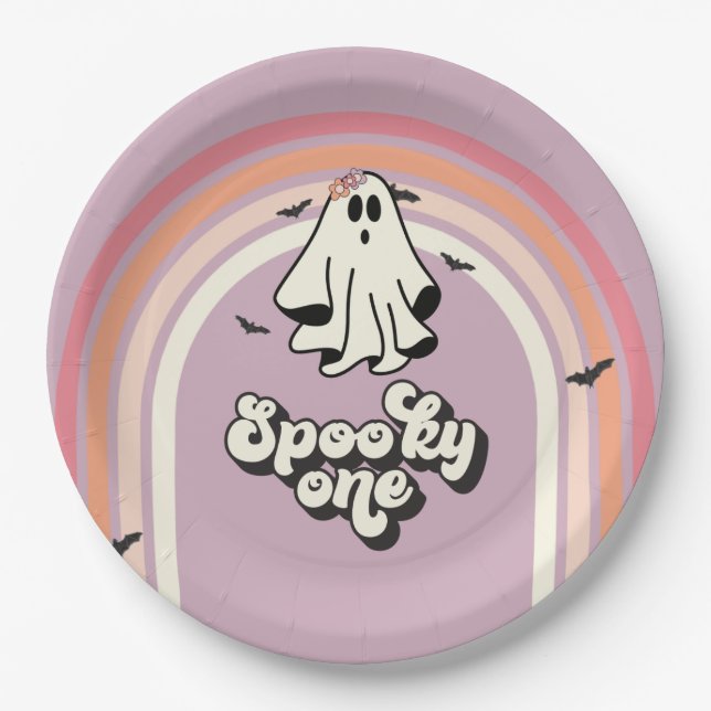 groovy Ghost retro Halloween Spooky One Birthday Paper Plates (Front)