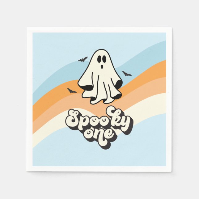groovy Ghost retro Halloween Spooky One Blue Napkins (Front)