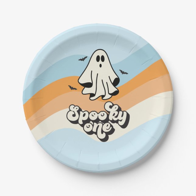 groovy Ghost retro Halloween Spooky One Blue Paper Plates (Front)