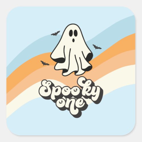 groovy Ghost retro Halloween Spooky One Blue Square Sticker