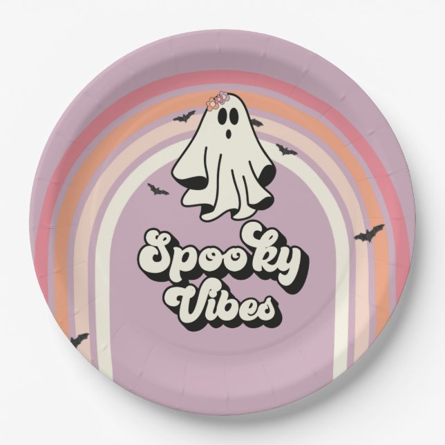 groovy Ghost retro Halloween Spooky Vibes Birthday Paper Plates (Front)