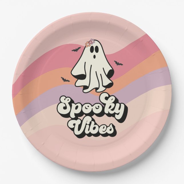 groovy Ghost retro Halloween Spooky Vibes Birthday Paper Plates (Front)
