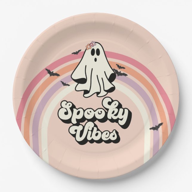 groovy Ghost retro Halloween Spooky Vibes Birthday Paper Plates (Front)