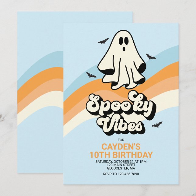 groovy Ghost retro Halloween Spooky Vibes Blue Invitation (Front/Back)