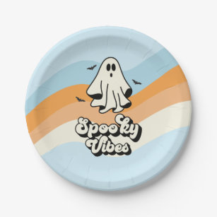 groovy Ghost retro Halloween Spooky Vibes Blue Paper Plates