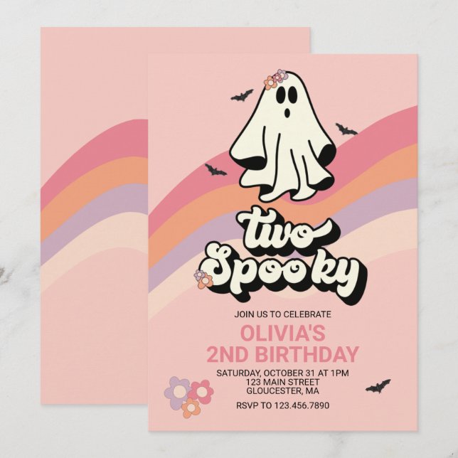 groovy Ghost retro Halloween Two Spooky Birthday Invitation (Front/Back)