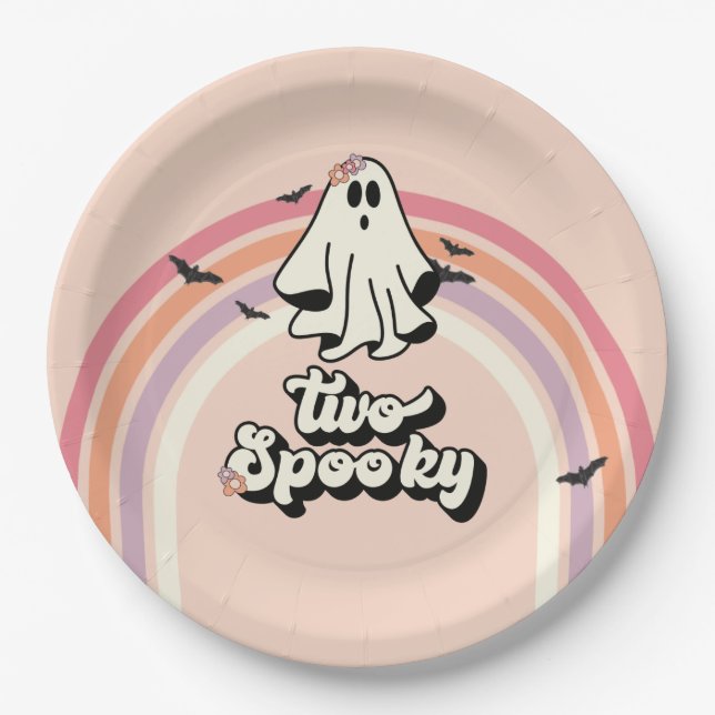 groovy Ghost retro Halloween Two Spooky Birthday Paper Plates (Front)