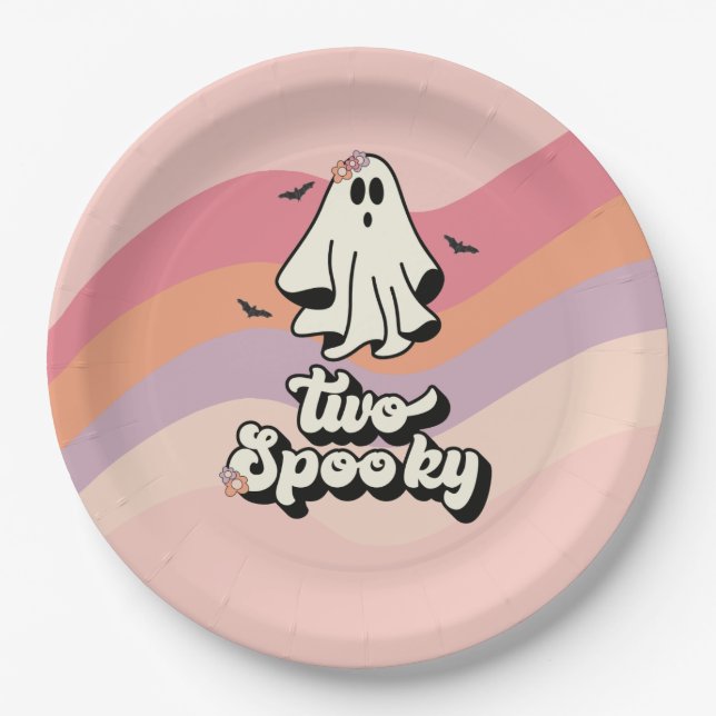 groovy Ghost retro Halloween Two Spooky Birthday Paper Plates (Front)