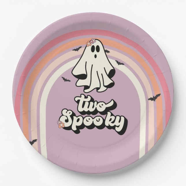 groovy Ghost retro Halloween Two Spooky Birthday Paper Plates (Front)