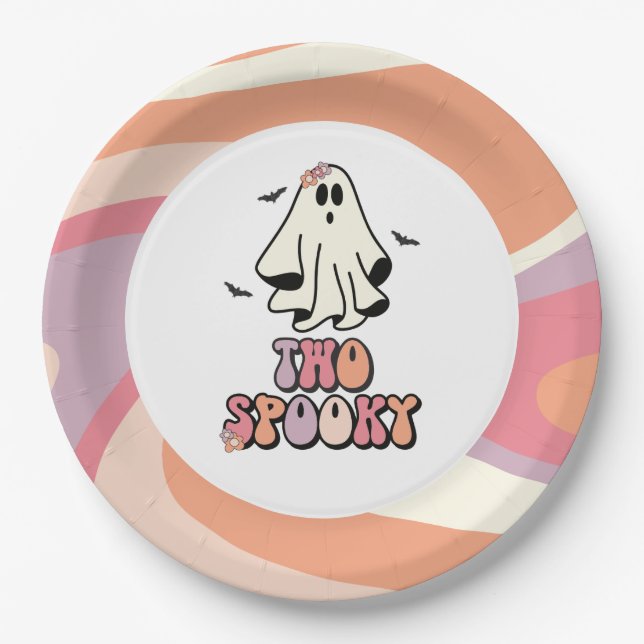 groovy Ghost retro Halloween Two Spooky Birthday Paper Plates (Front)