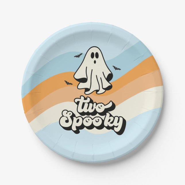 groovy Ghost retro Halloween Two Spooky blue Paper Plates (Front)