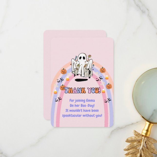 Groovy Ghost Trick or Treat Halloween Birthday Thank You Card (Front/Back In Situ)