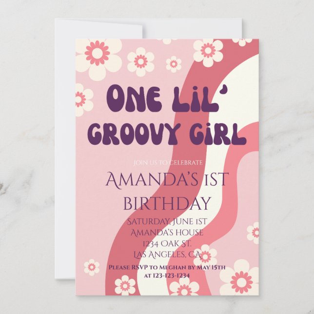 Groovy Girl 1st Birthday Theme Pink Retro Daisy Invitation (Front)