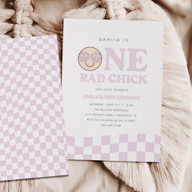 Groovy Girl Checkered Happy Face | 1st Birthday Invitation (Creator Uploaded)