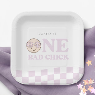 Groovy Girl Checkered Happy Face 1st Birthday Paper Plates