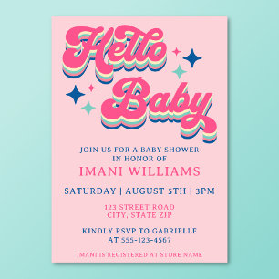 Groovy Girl Retro Pink 70s Hello Baby Invitation