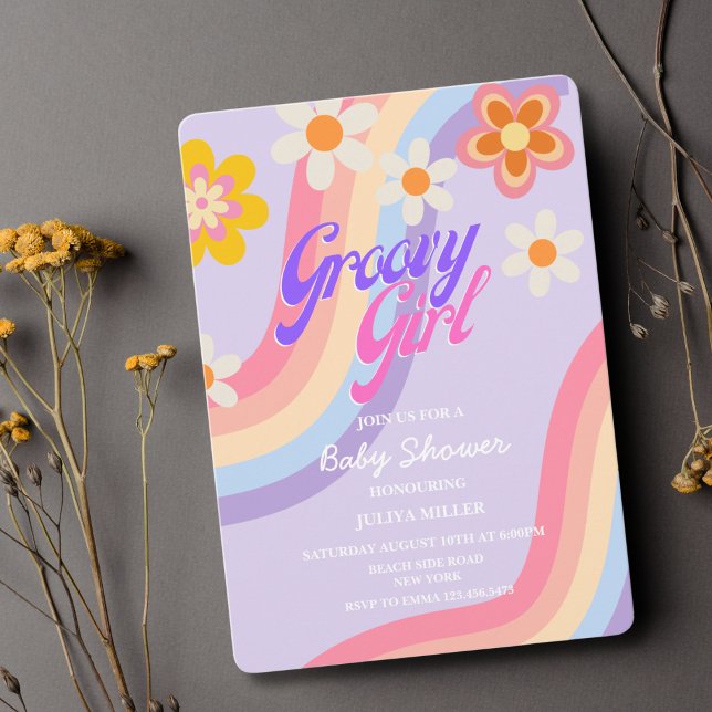 Groovy Girl  Retro Rainbow baby girl shower Invitation (Creator Uploaded)