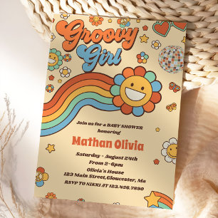 Groovy Girl Retro Rainbow Baby Shower Party Invitation