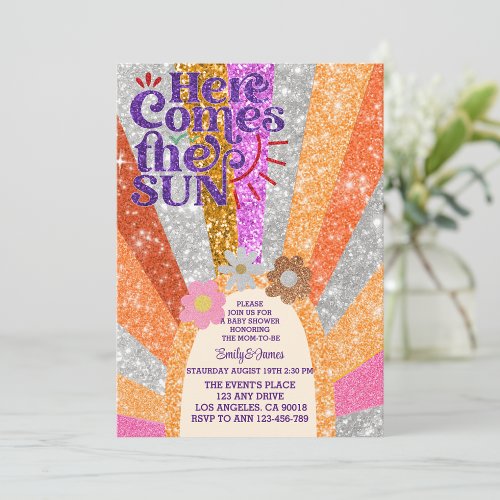 Groovy Glitter Here Comes The Sun Baby Shower  Invitation