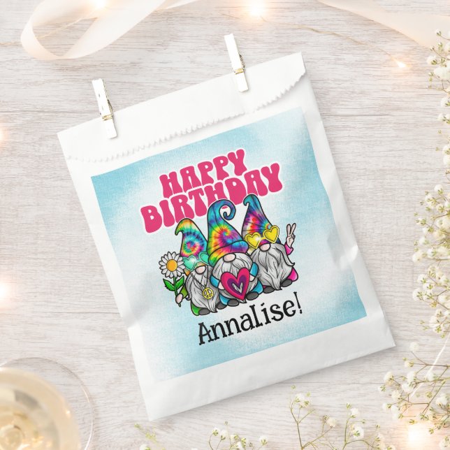 Groovy Gnomes Rainbow Tie Dye Birthday Party Favor Bag (Clipped)